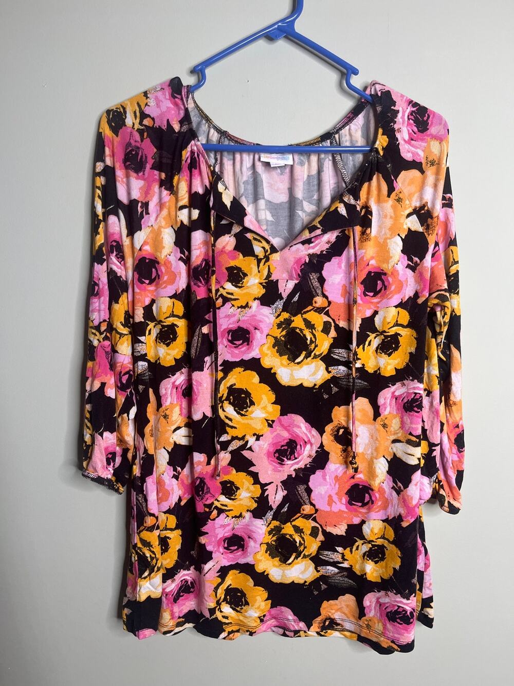 Lularoe Pink Orange Black Floral Blouse String Boho Peasant Medium